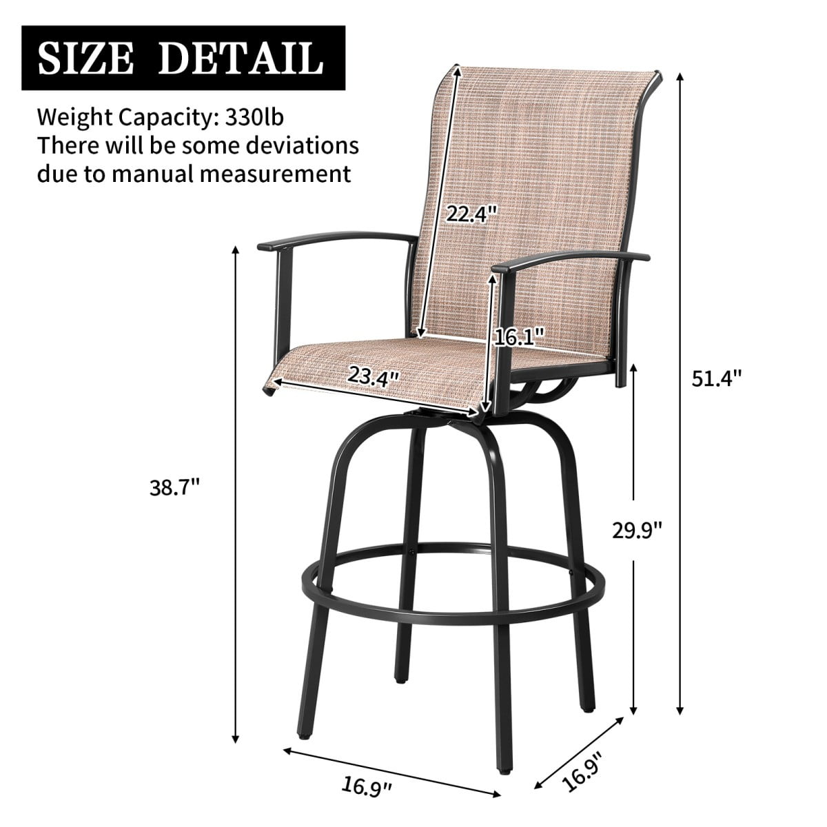 IVV Outdoor Bar Chairs Set of 2, Swivel Patio Barstools with Textilene Fabric, All Weather Use, Ergonomic Comfort Bar Height Tall Outdoor Stools for Balcony (Black)