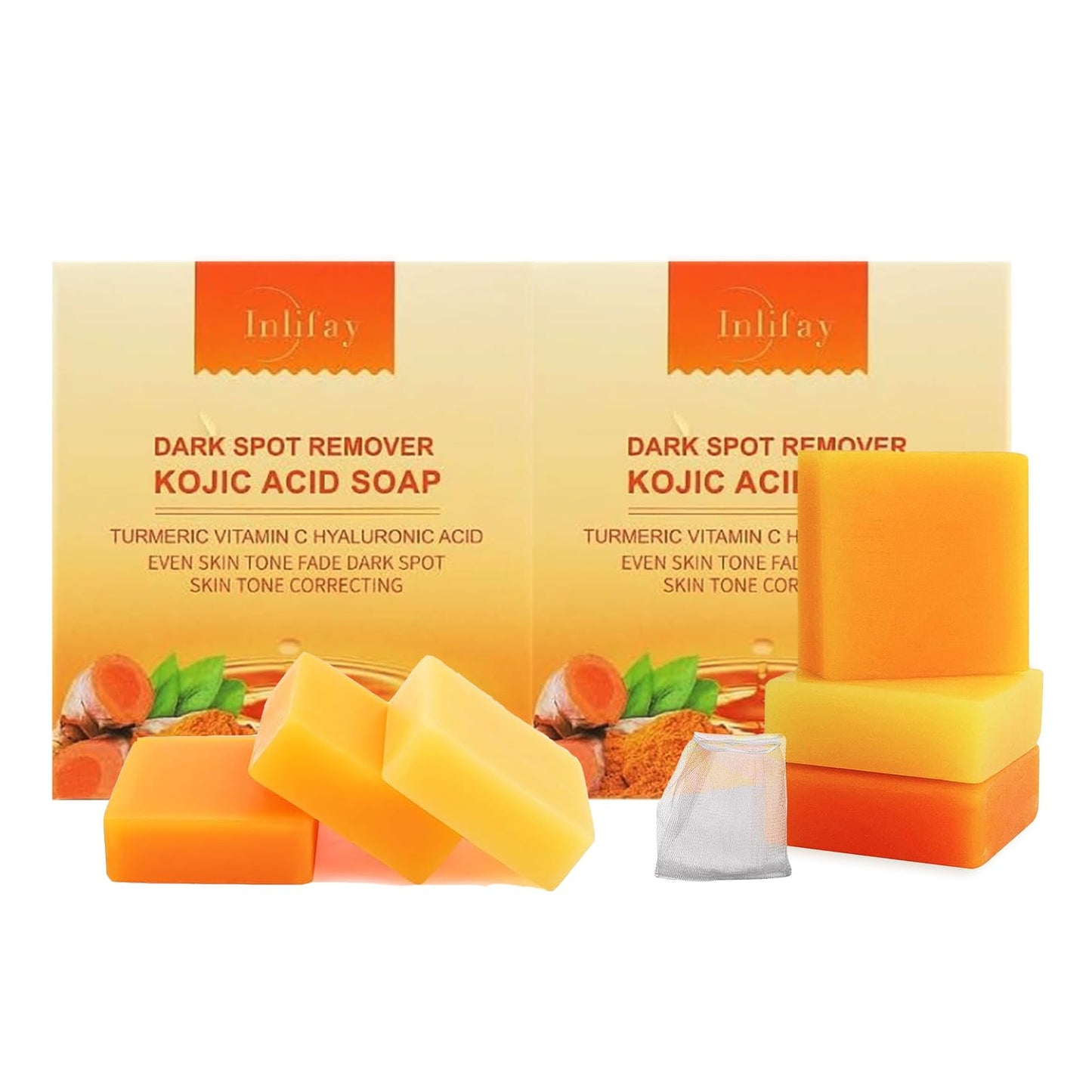 Inlifay Kojic Acid Soap With Turmeric: Dark Spot Remover Soap With Vitamin C, Vitamin E, Retinol, Collagen, Hyaluronic Acid, Moi
