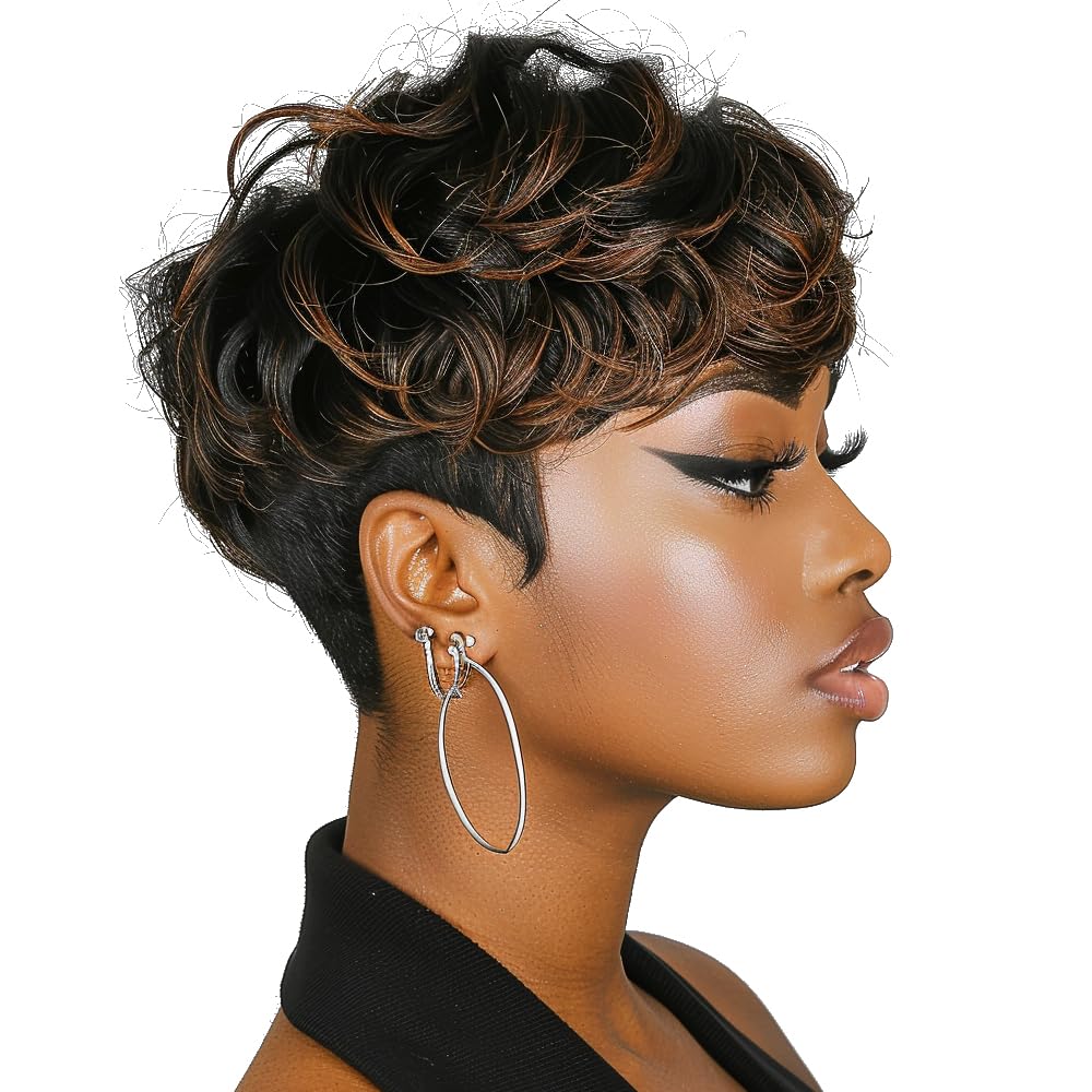 Short Pixie Cut Wigs For Black Women Short Curly Hair Layered Wavy Pixie Cut Wigs With Bangs Short Wigs For Black Women Black Mi