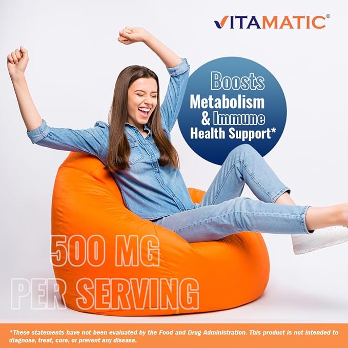 Vitamatic Vitamin B6 (Pyridoxine HCI), 500 mg – 120 Vegetarian Tablets Promotes Energy Production, Boosts Metabolism & Immune Health Support