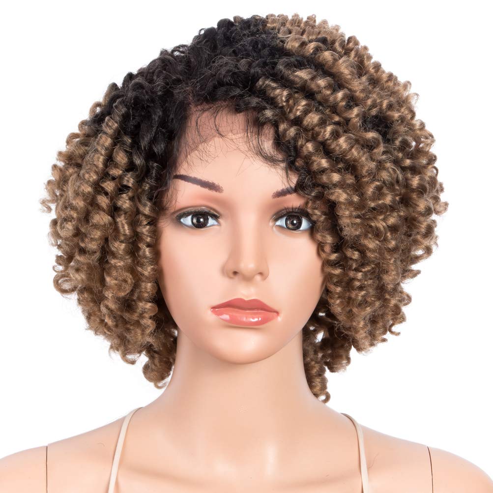 Style Icon 12'' Afro Wigs Short Curly Wigs For Black Women Ombre Blonde Wig Lace Front Side Part Synthetic Wigs (12 Inch, Ot27)