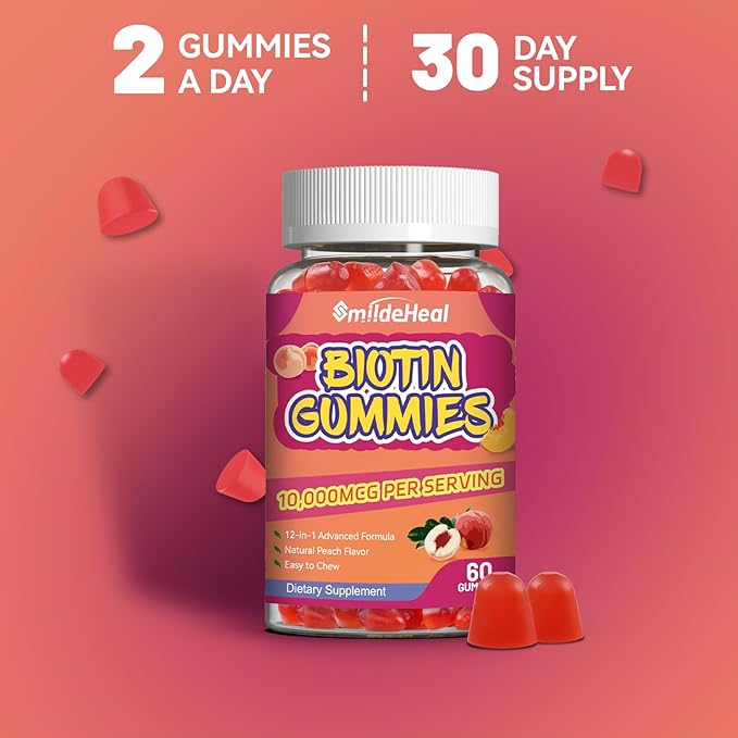 Biotin Gummies for Hair Growth 10000 mcg, Hair Skin and Nails Gummies with Folic Acid, Vitamins A, B, C, E & D, Vegan biotin Vitamins for Women & Men, 60 Gummies