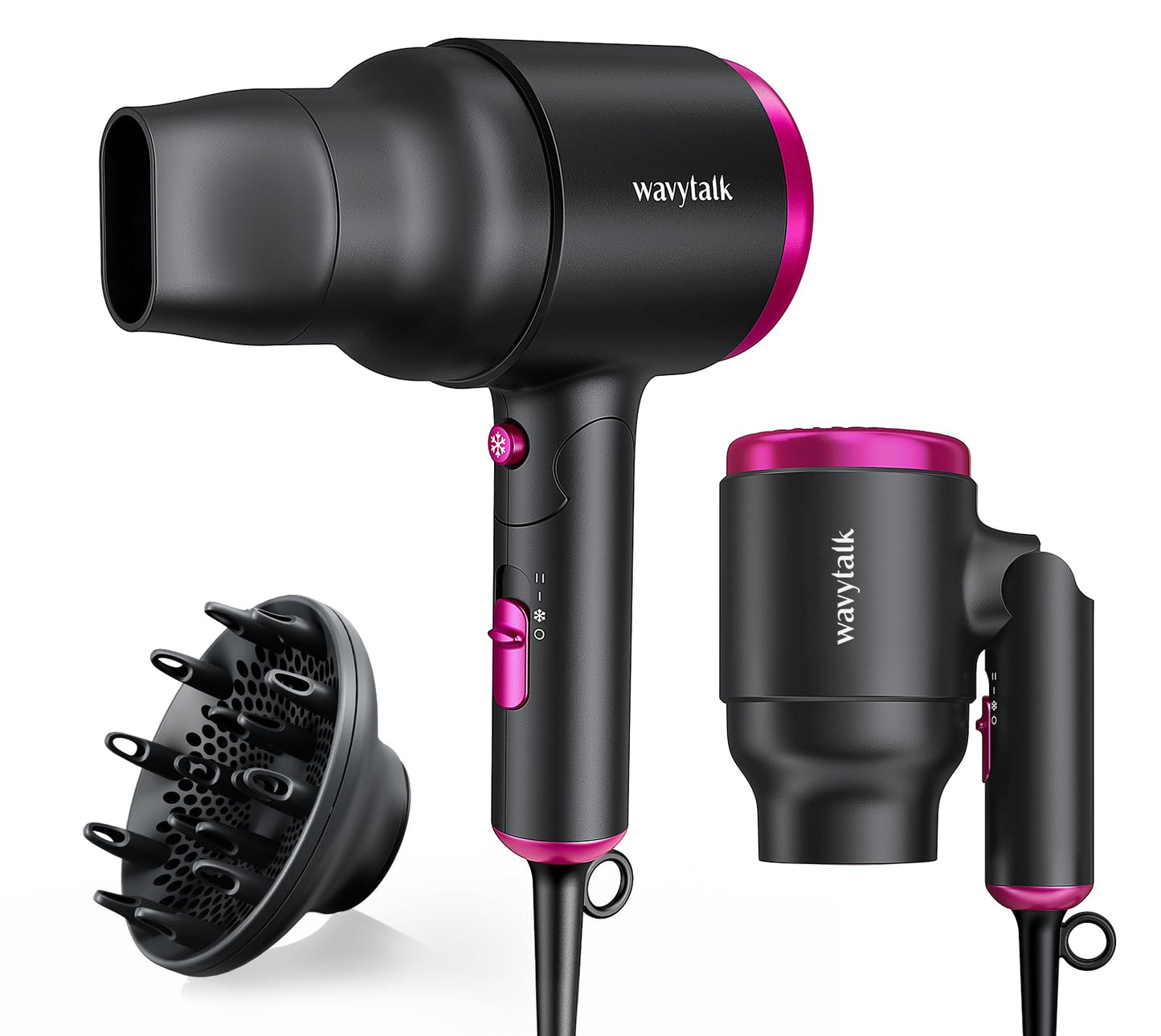 Wavytalk Hair Dryer With Diffuser, Foldable Hair Blow Dryer, 1600W Lightweight Diffuser Hair Dryer For Curly Hair, Black