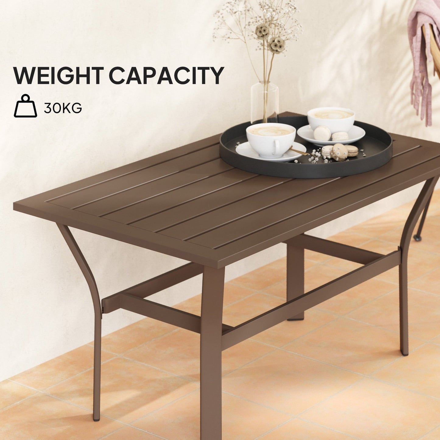 LEIYY Outdoor Coffee Table, All-Weather Rectangle Metal Patio Coffee Table with Slatted Tabletop for Outside, Patio, Garden, Balcony, Backyard,Brown