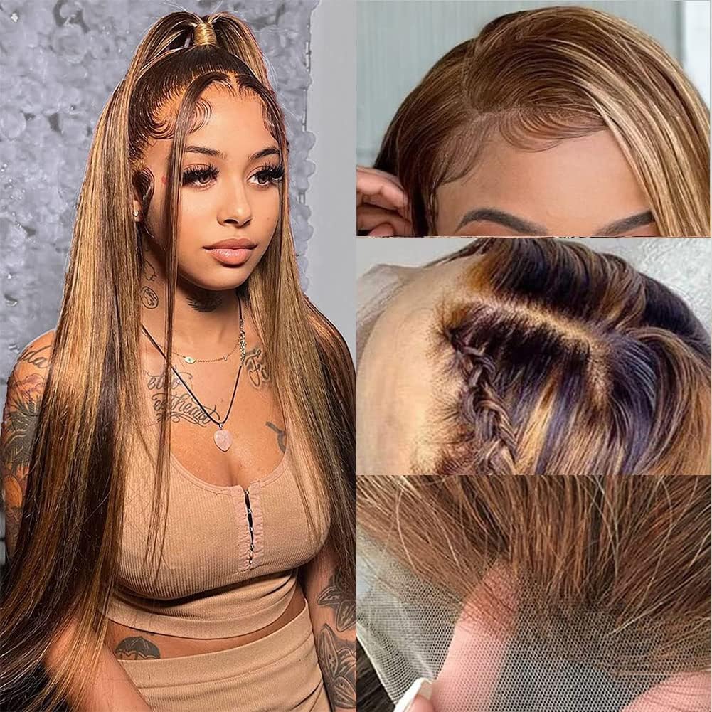 Flady 26 Inch Ombre Highlight Lace Front Wig Human Hair 4/27 Glueless Straight Hd Lace Frontal Wigs Human Hair Pre Plucked Honey