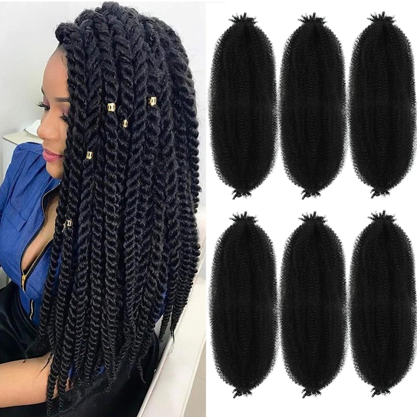 Springy Afro Twist Hair 24 Inch 6 Packs Black Color Pre Fluffed Marley Twist Braiding Hair For Black Women (24 Inch 6 Packs, 1B)