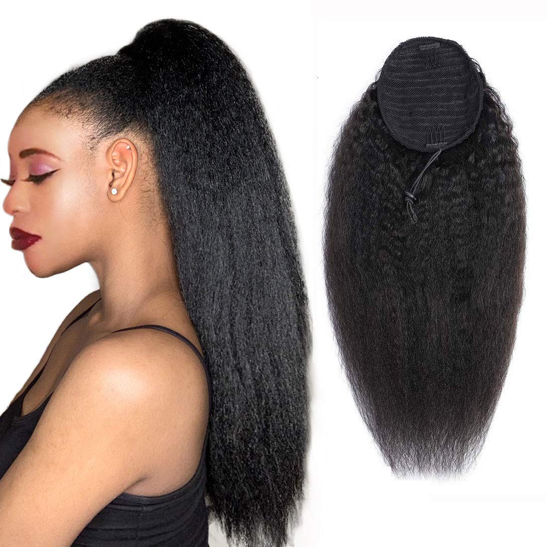 Ponytail Extension Kinky Straight 100% Human Hair Ponytail Yaki Kinky Straight Ponytail Extension Natural Color 1B Virgin Human