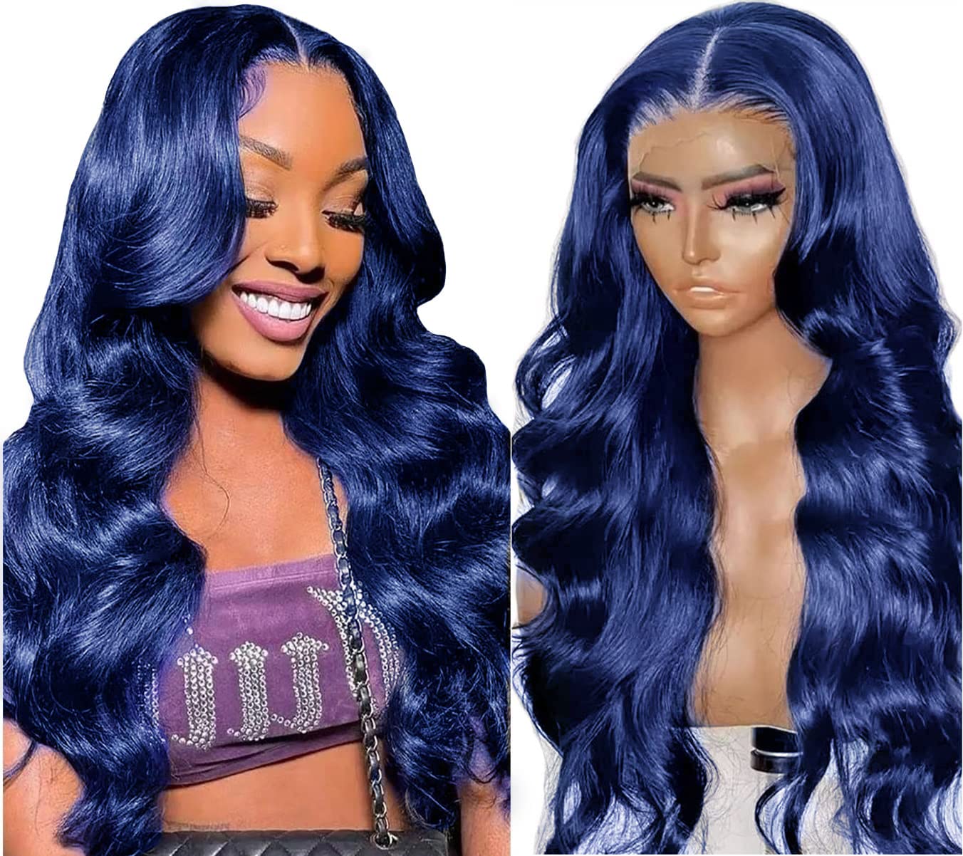 Colorful Bird 26 Inch Dark Blue 13X4 Lace Front Wig Human Hair Glueless Hd Transparent Lace Frontal Body Wave Wigs Navy Blue Pre