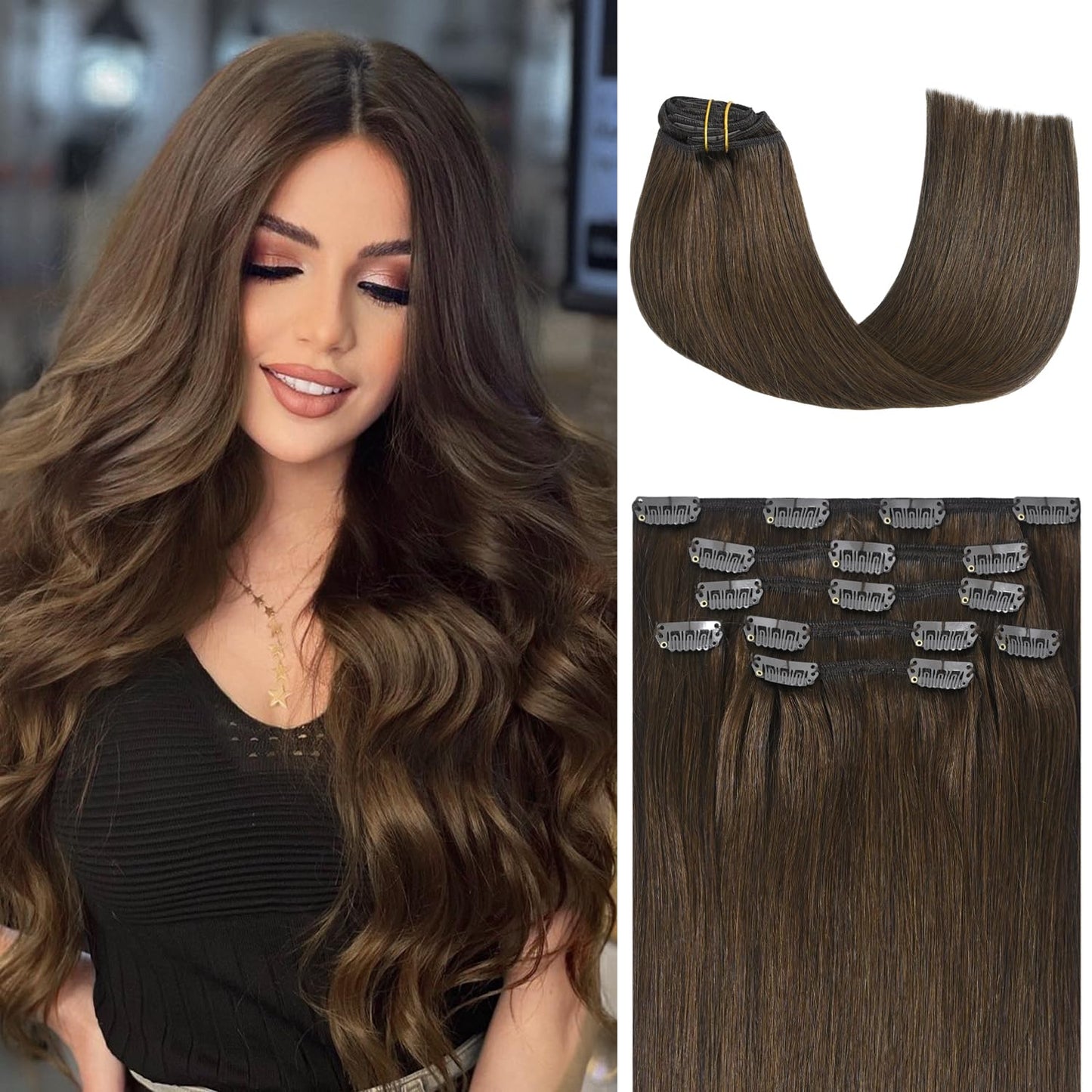 Honsoo Seamless Medium Brown Clip In Hair Extensions Real Human Hair 18In 85G 7Pcs Vrigin 9A Natural Brown Hair Extensions For W