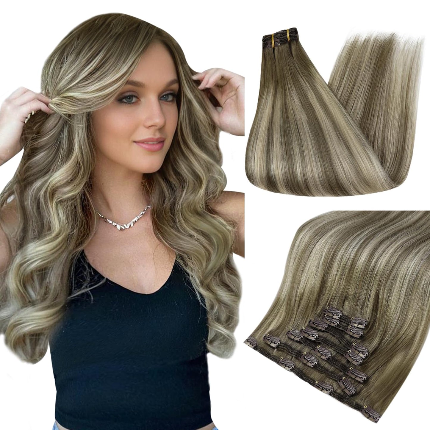 Full Shine Short Clip In Hair Extensions 12 Inch Hair Extensions Real Human Hair Professional Grade 7/800/7 Cool Taupe Ombre Hig