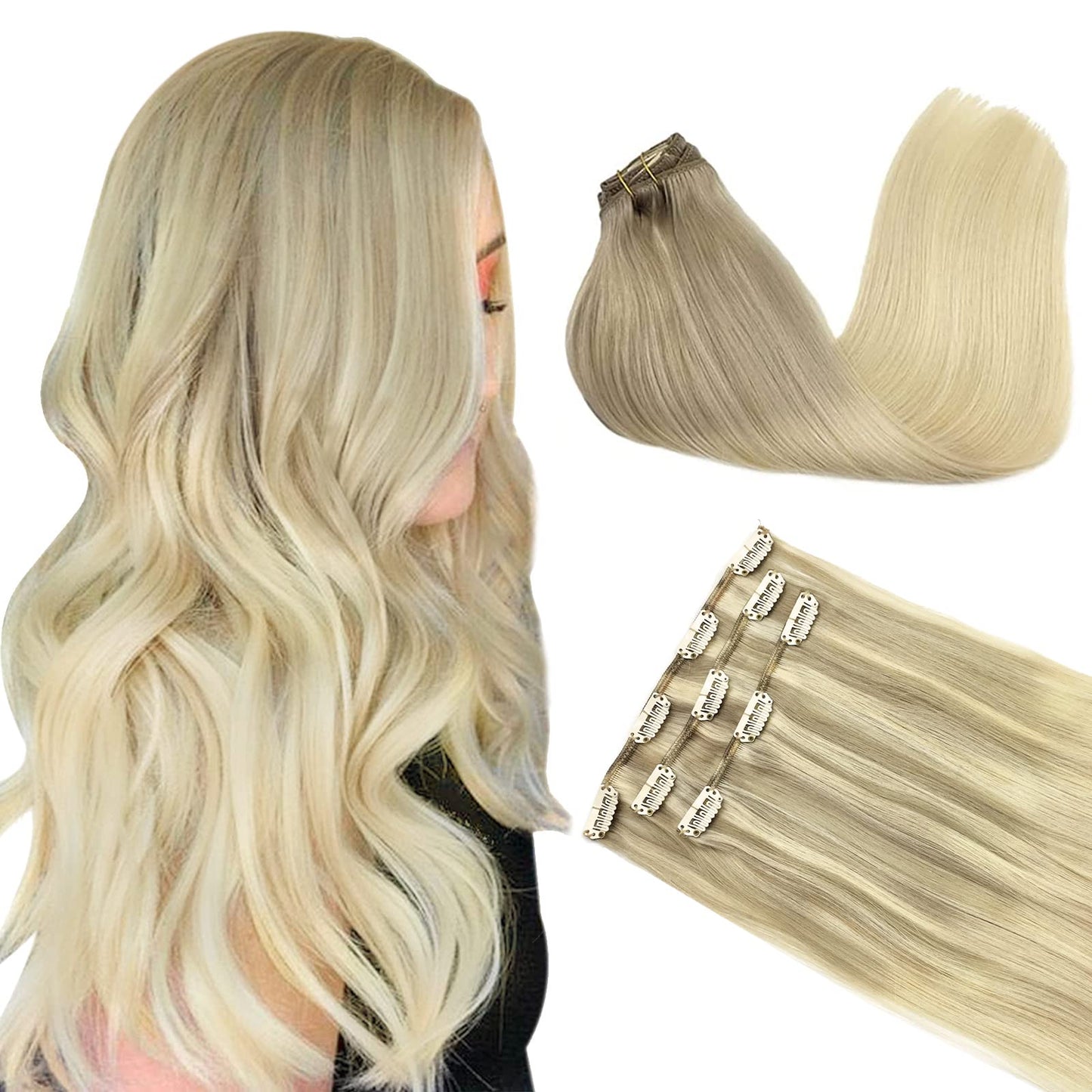 Doores Clip In Hair Extensions, 60G 3Pcs Balayage Ash Blonde To Golden Blonde And Platinum Blonde 16 Inch Real Human Hair Extens