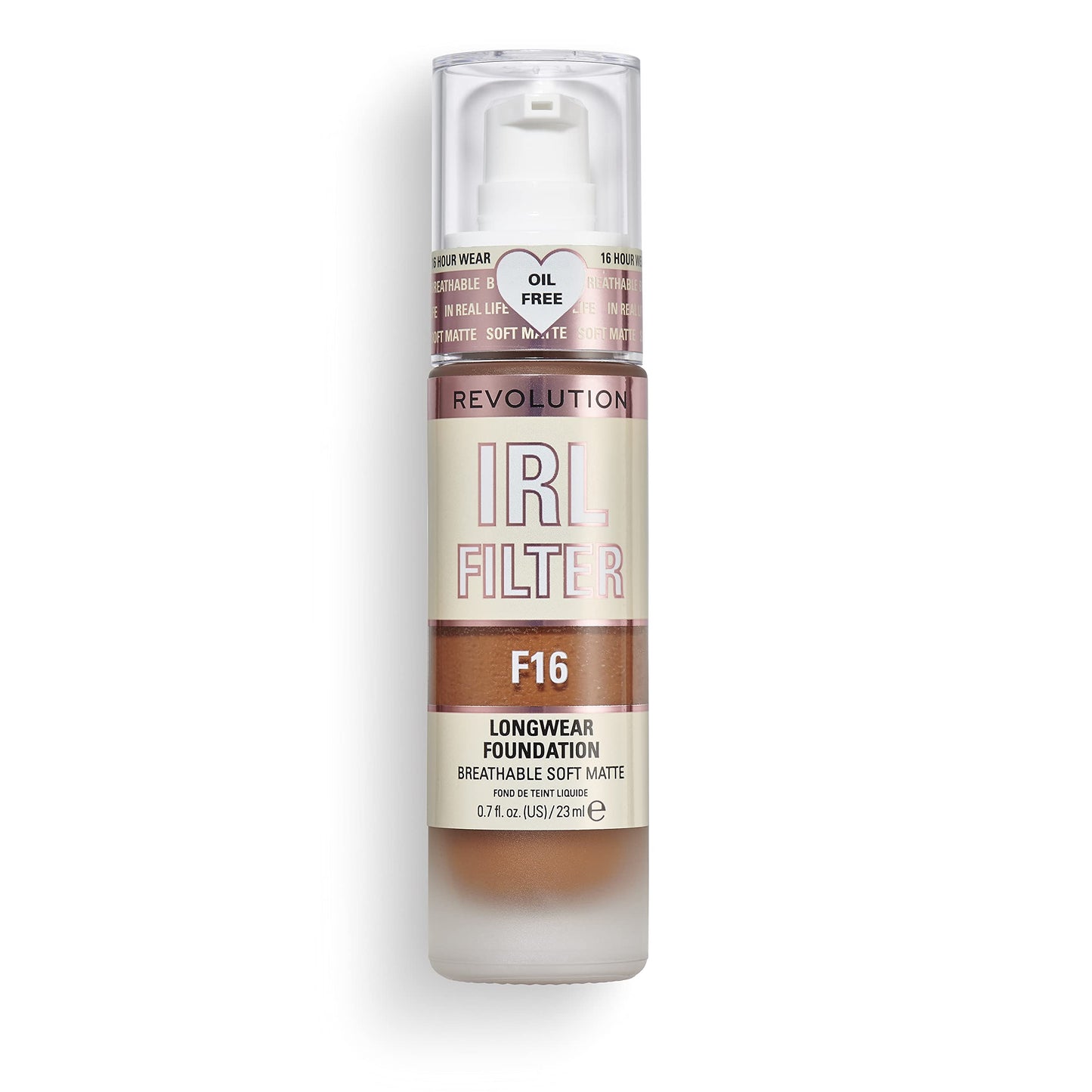 Revolution Beauty, Irl Filter Longwear Foundation, Soft & Breathable Formula, Medium To Full Coverage, Matte Finish, F16, 0.7 Fl
