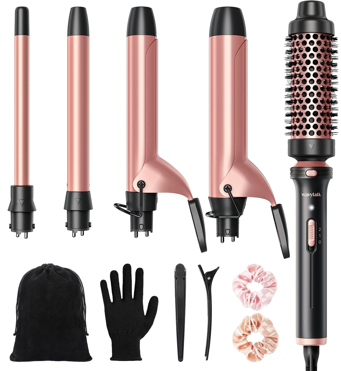 Wavytalk 5 In 1 Curling Iron,Curling Iron Set With Heated Round Brush And 4 Interchangeable Ceramic Curling Wand(0.5 -1.25''),
