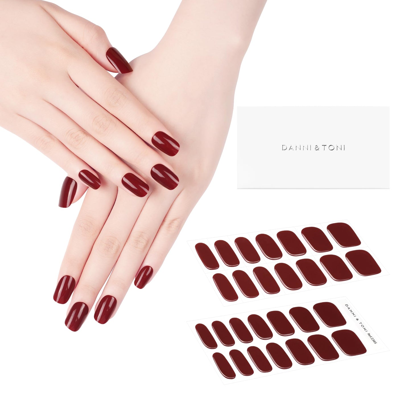 Danni & Toni Semi Cured Gel Nail Strips Dark Red (Ruby Reverie) Gel Nail Stickers Burgundy Glossy Nail Wraps 28 Stickers
