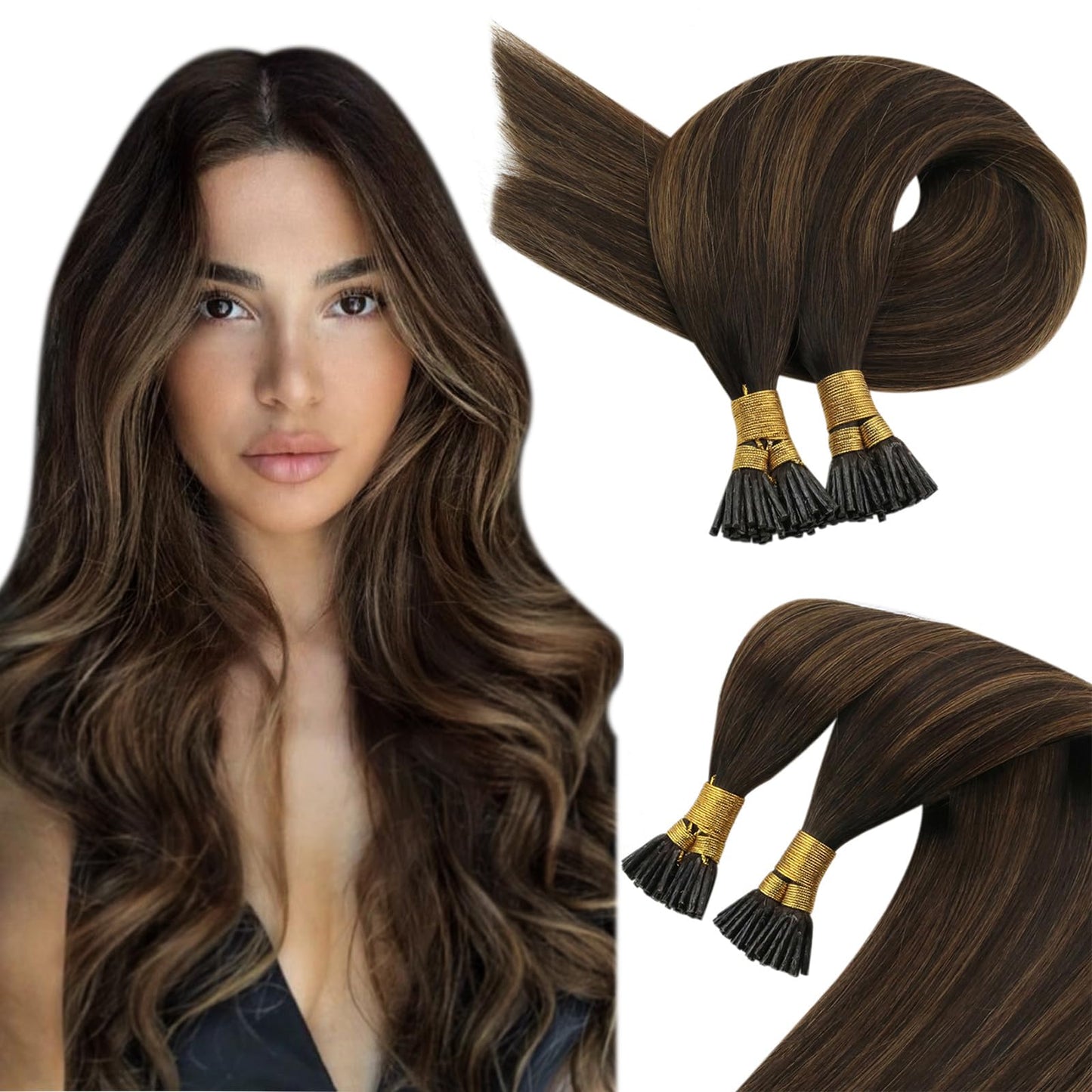 Sunny Hair Brown I Tip Hair Extensions 22Inch Human Hair I Tip Extensions Dark Brown Balayage Ash Brown With Highlight Natural I