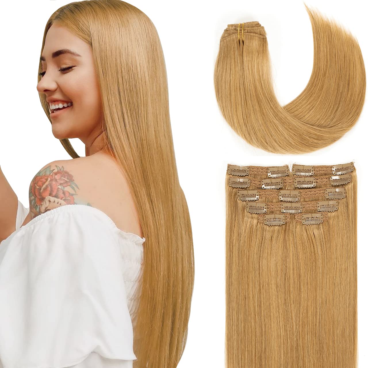 Lacer Hair Straight Hair Clip In Extensions Strawberry Blond 120G 7 Pieces Per Set Grade Quality Silky Straight Double Real Hair