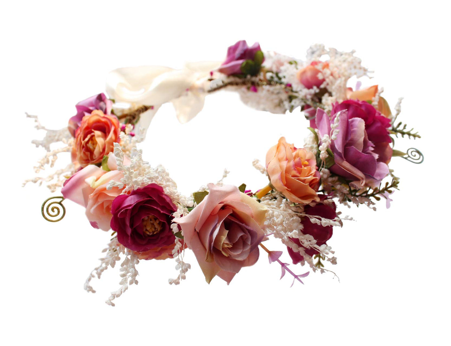 Vivivalue Women Floral Crown Rose Flower Headband Hair Wreath Floral Headpiece Halo Boho With Ribbon Wedding Party Festival Phot