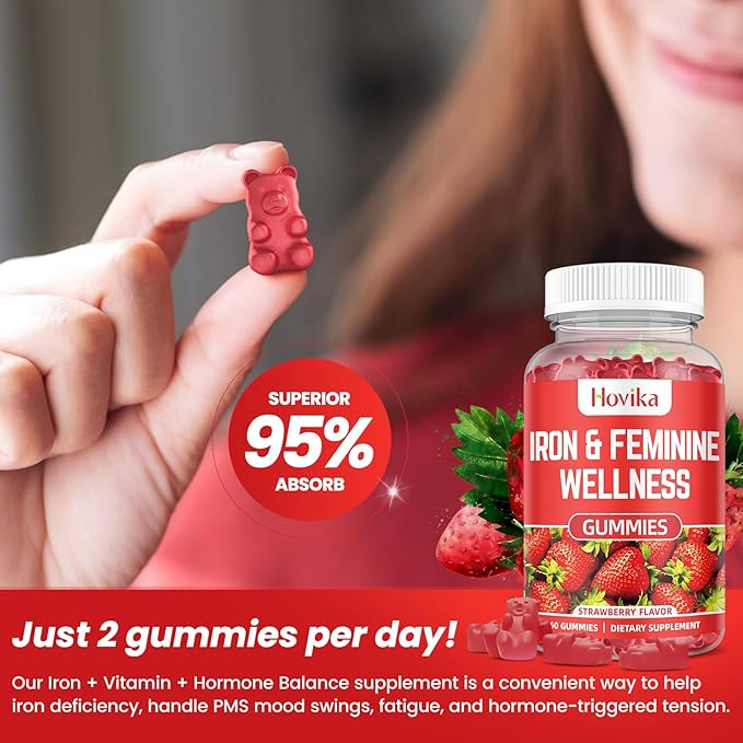 Iron for Women Gummies, 40mg Iron Supplement Anemia with multivitamin for Women, Zinc, Selenium, Iodine - for Iron Deficiency - Natural Hormonal Support for PMS, Strawberry Flavour, 2 Pack