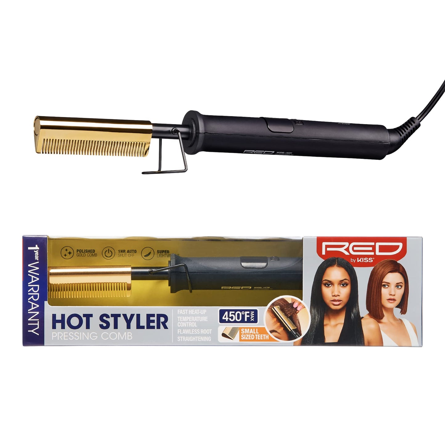 Red by Kiss Hot Comb Hair Straightener 450 Degrees, Small-Sized Teeth Electric Heating Comb, Pressing Comb Brush for Straighteni