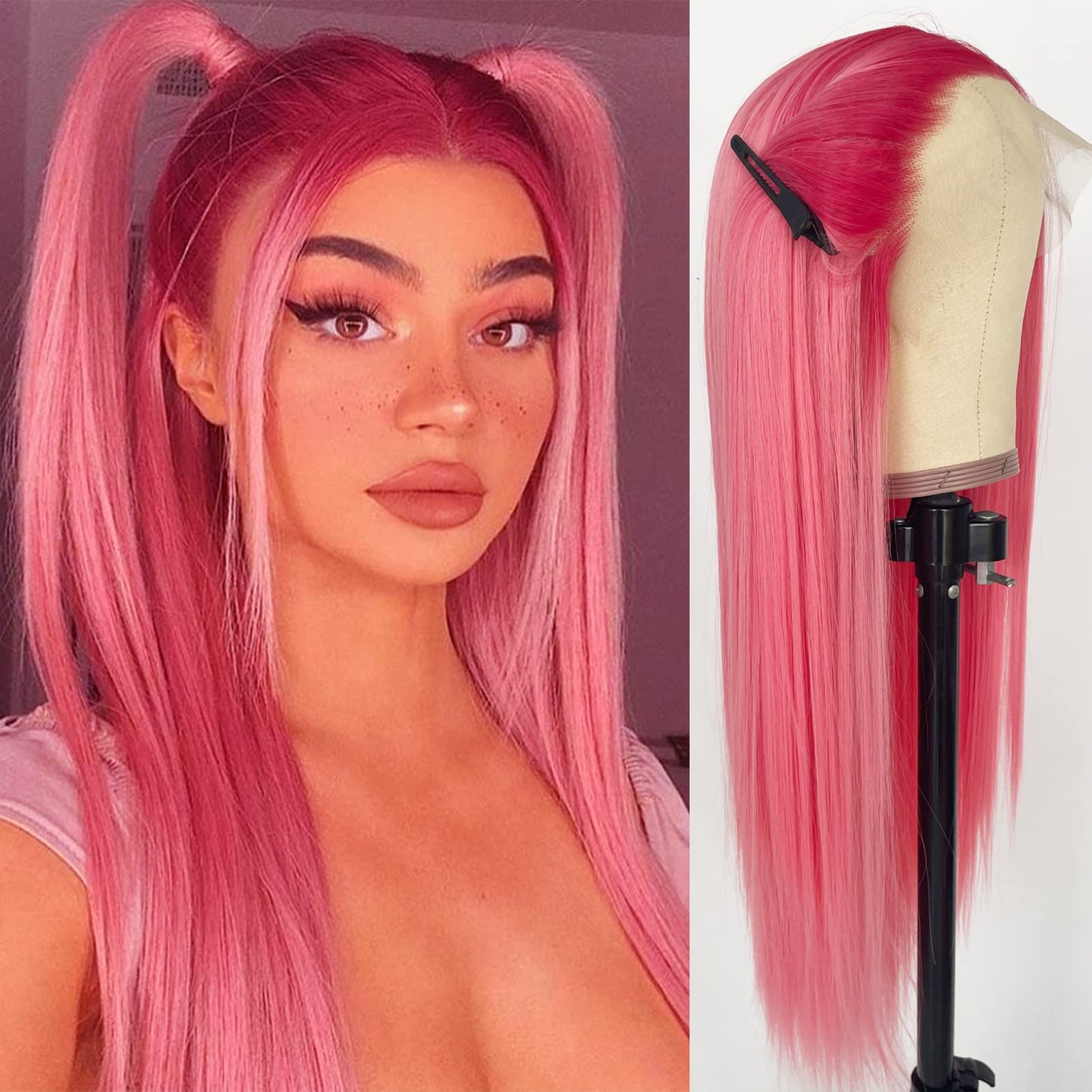 Lovestory Peach Pink Ombre Lace Front Wig Long Straight Synthetic Heat Resistant Hair Wigs Red Glueless Lace Wig For Women Natur