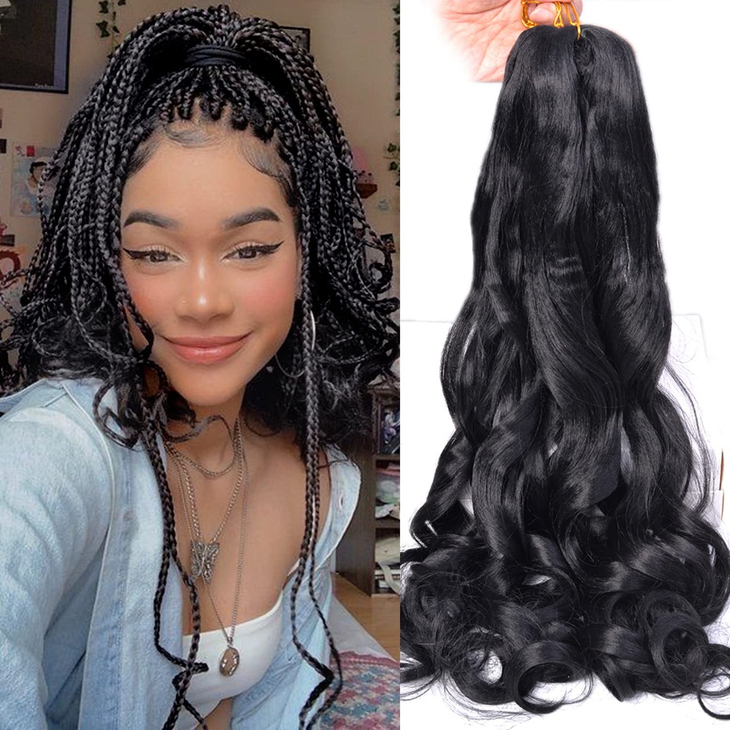 Luoyudu French Curly Braiding Hair 24Inch Loose Wavy 8 Packs #1B Black Bouncy Braiding Hair Extensions 75G/Pack Synthetic French