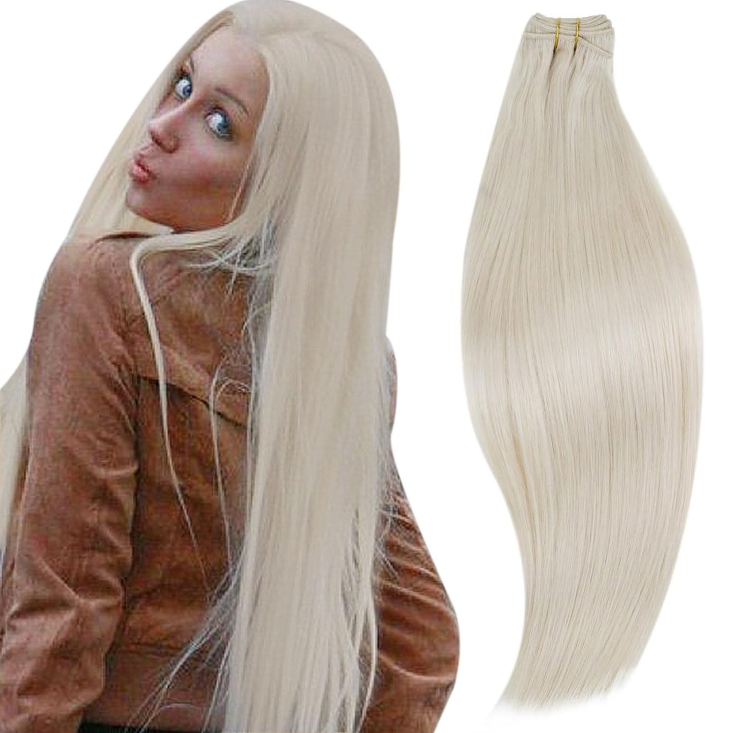Runature Blonde Weft Hair Extensions Human Hair 22 Inch Straight Weft Human Hair Extensions Ice Blonde Hair Weft Extensions Hand