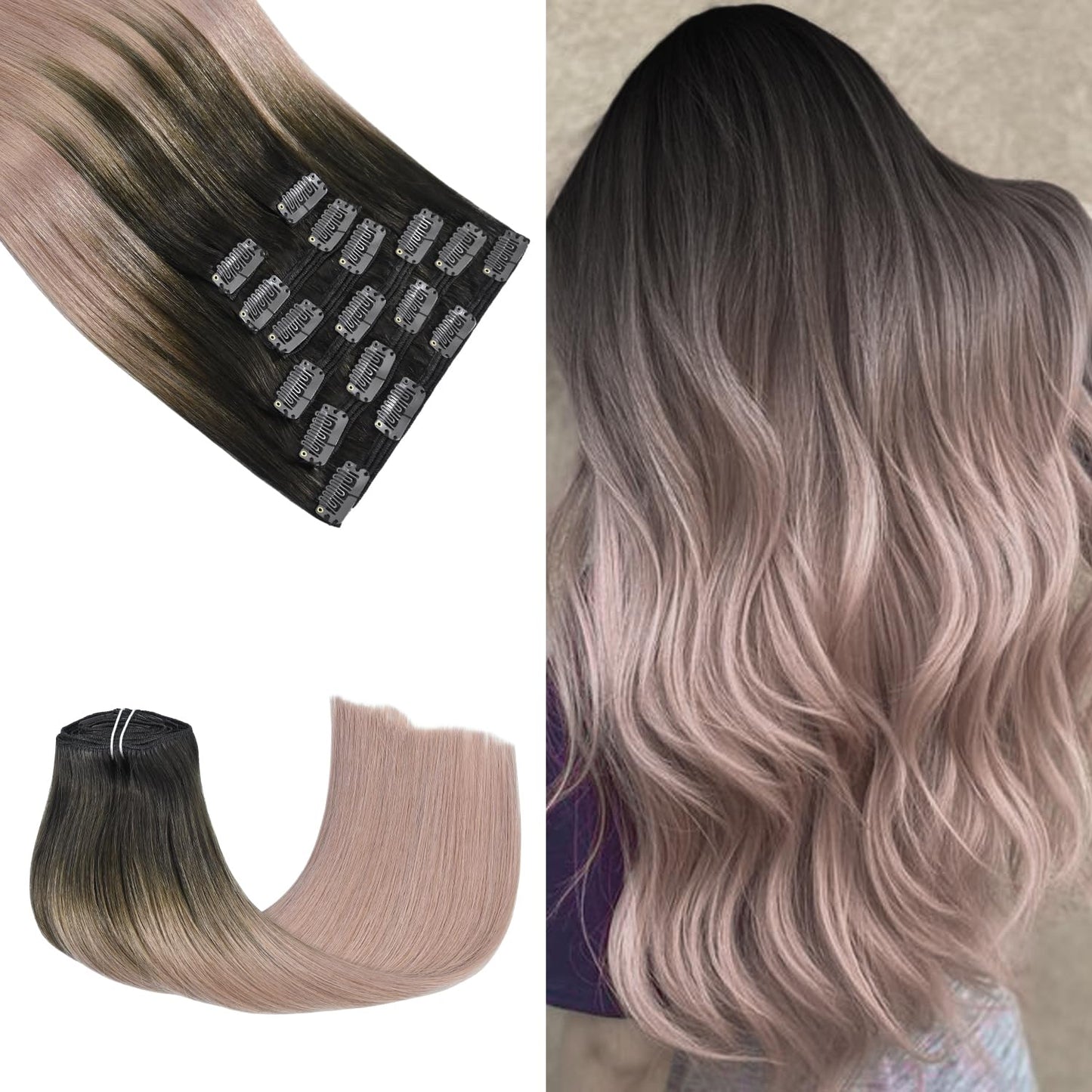 Honsoo Hair Extensions Clip Ins Dark Brown To Pink 120G 7Pcs 18Inch Clip In Natural Soft Silky Straight Real Human Hair Extensio