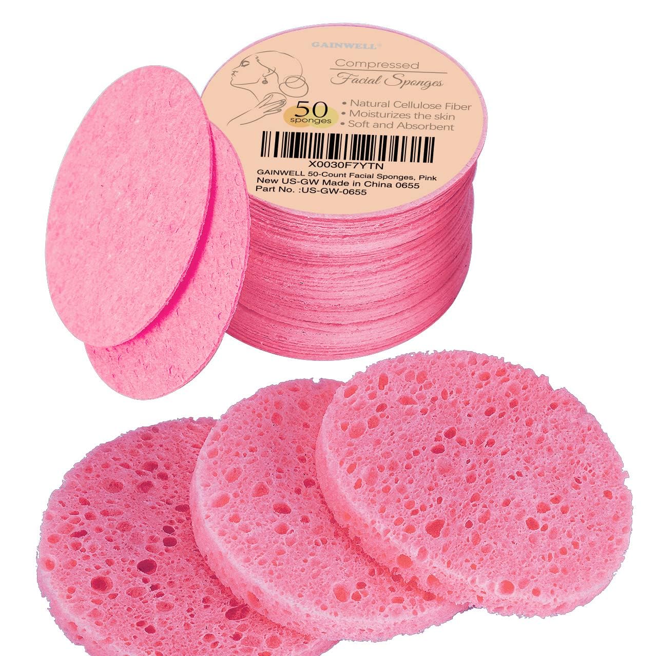 Gainwell 50-Count Compressed Facial Sponges For Daily Facial Cleansing And Exfoliating, 100% Natural Cosmetic Spa Sponges For Ma