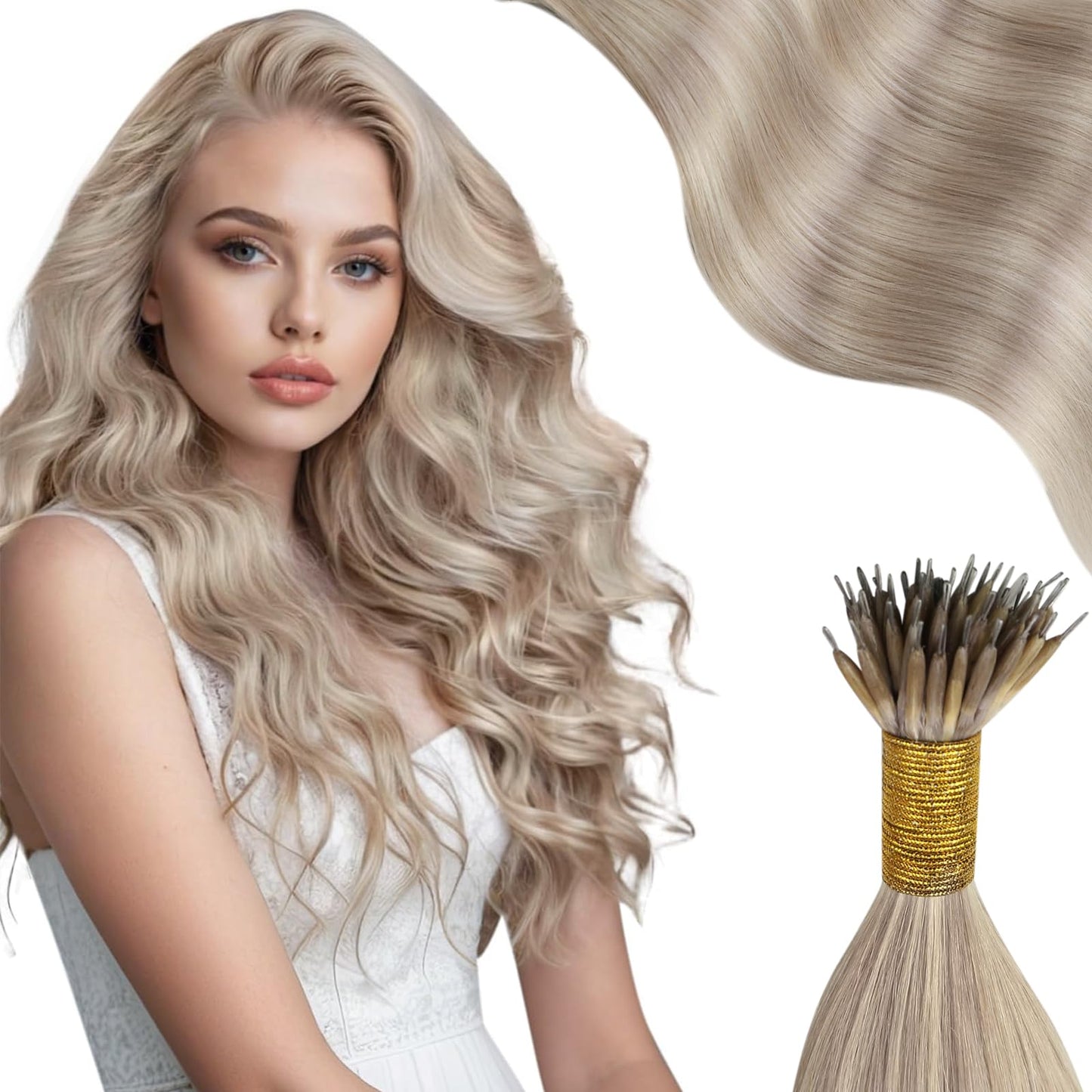 Moresoo Nano Hair Extensions Human Hair Ash Blonde With Blonde Highlight Nano Bead Remy Human Hair Extensions 18 Inch Long Strai