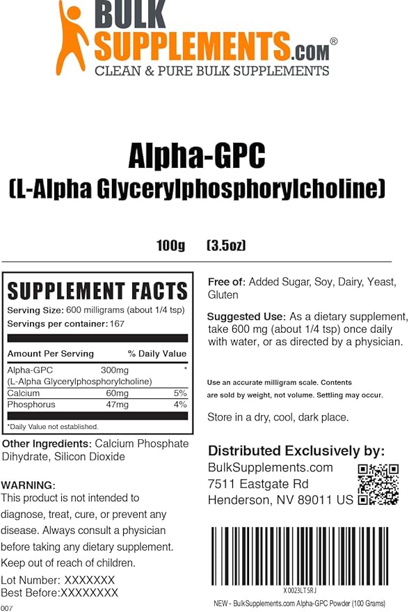 BulkSupplements.com Alpha GPC Powder - Choline Supplements, Alpha GPC 300mg - Acetylcholine Supplements, Unflavored & Gluten Free, 600mg per Serving, 100g (3.5 oz) (Pack of 1)