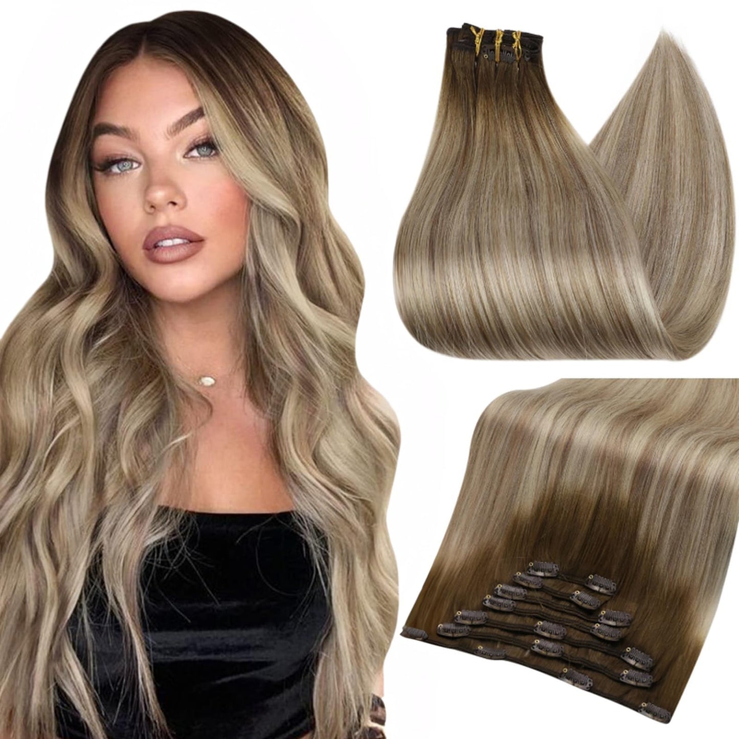 Full Shine Clip In Hair Extensions Balayage Clip In Extensions Blonde Clip In Human Hair Double Weft Clip In Human Hair Extensio