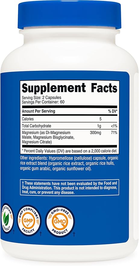 Nutricost Triple Magnesium Complex (300mg, 120 Capsules) - from Di-Magnesium Malate, Bisglycinate and Citrate, 60 Servings