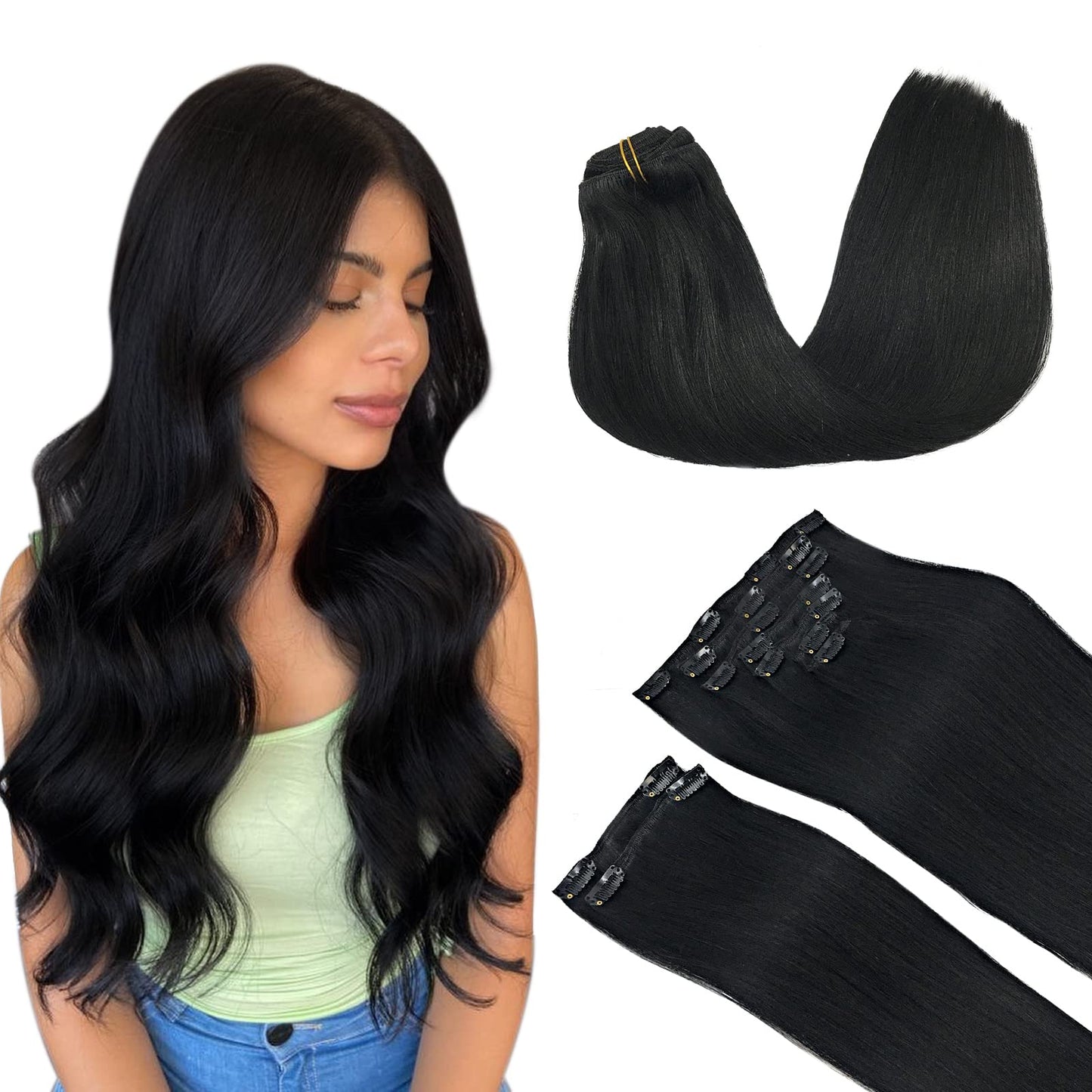 Maxita Clip In Human Hair Extensions, Dark Brown 9Pcs 150G 24 Inch Long Straight Real Human Hair Extensions, Soft Remy Clip In H
