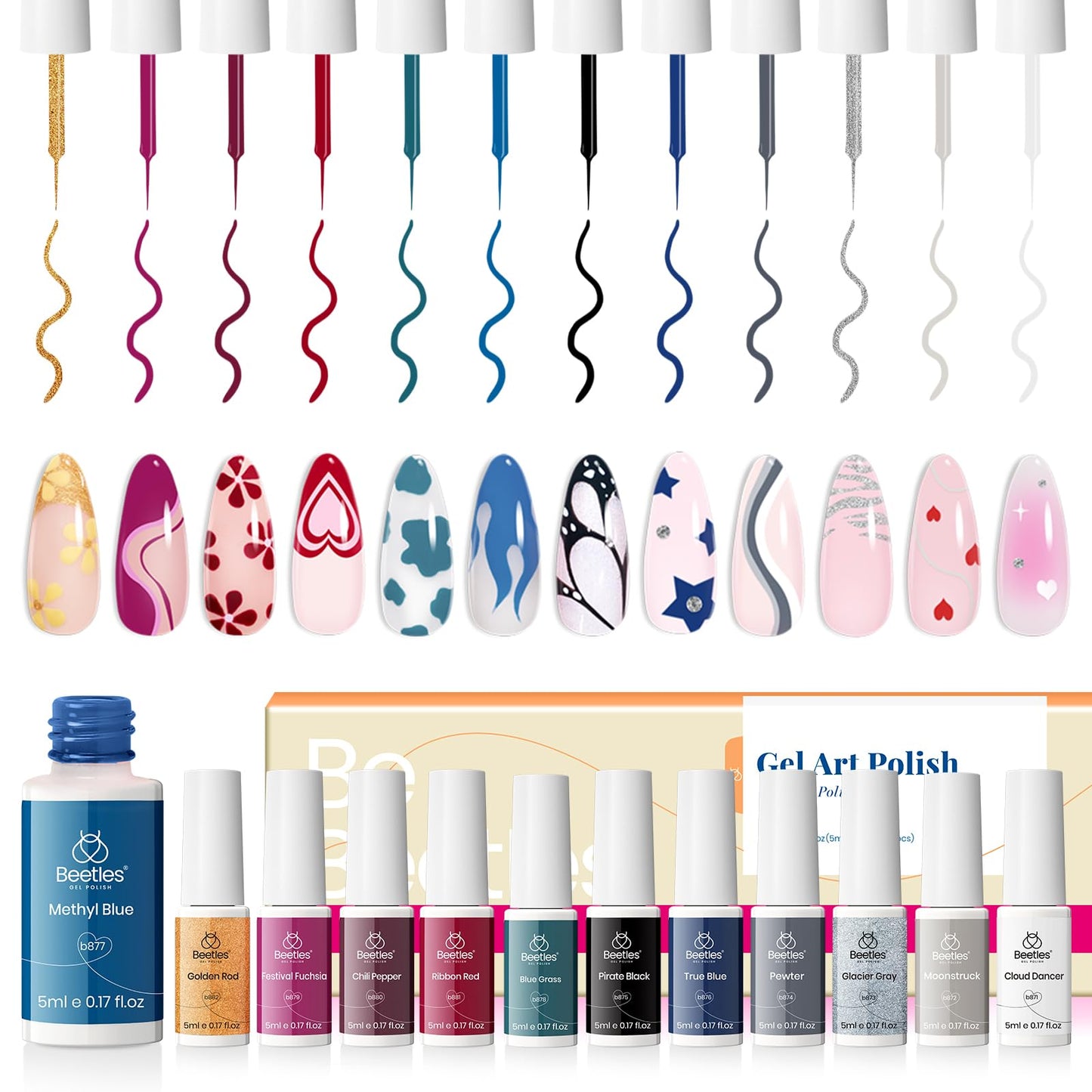 Beetles Nail Art Polish-12 Colors Gel Liner Nail Polish Set Pink Blue Red Green White Gold Liner Gel Polish Gel Nail Polish Soak