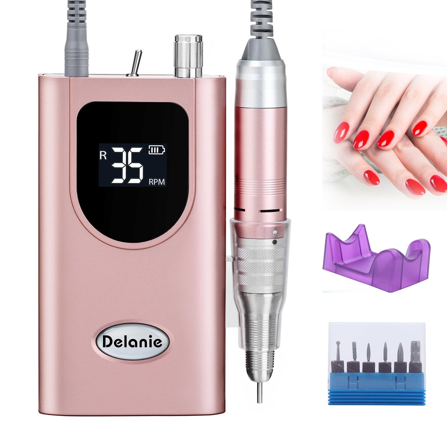 Delanie Electric Nail Drill Machine 35000Rpm, Portable Nail Drill Rechargeable With 6 Drill Bits, Nail Drills For Acrylic Nails