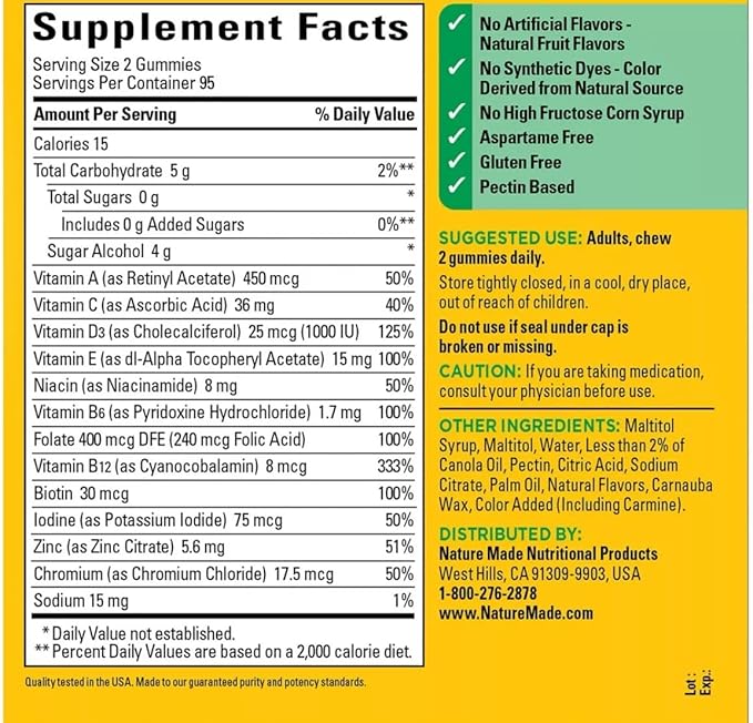 Nature Mades Zero Sugar Multi Gummies, 190 Count Bundle - Adult Multi & Letter Vitamins, Herbals & Dietary Supplements for Daily Nutritional Support