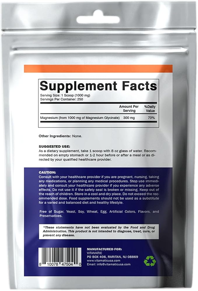 Vitamatic Magnesium Glycinate 1000mg per Serving Supports Muscle, Joint, and Heart Health 250 Grams - 250 Servings