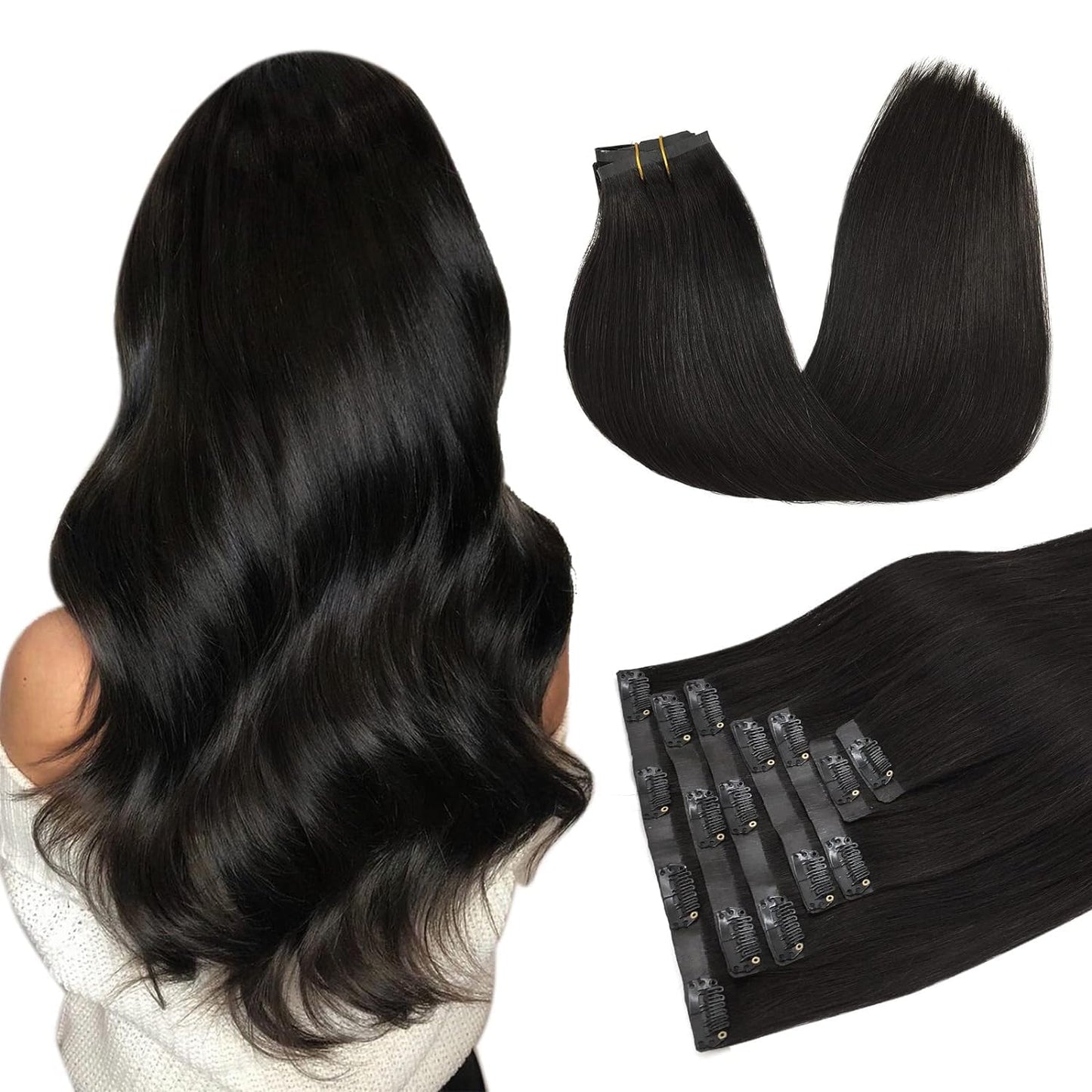 Doores Hair Extensions Seamless Clip In Human Hair, Natural Black 7Pcs 24 Inch 120G, Extensions Seamless Clip In Hair Extensions