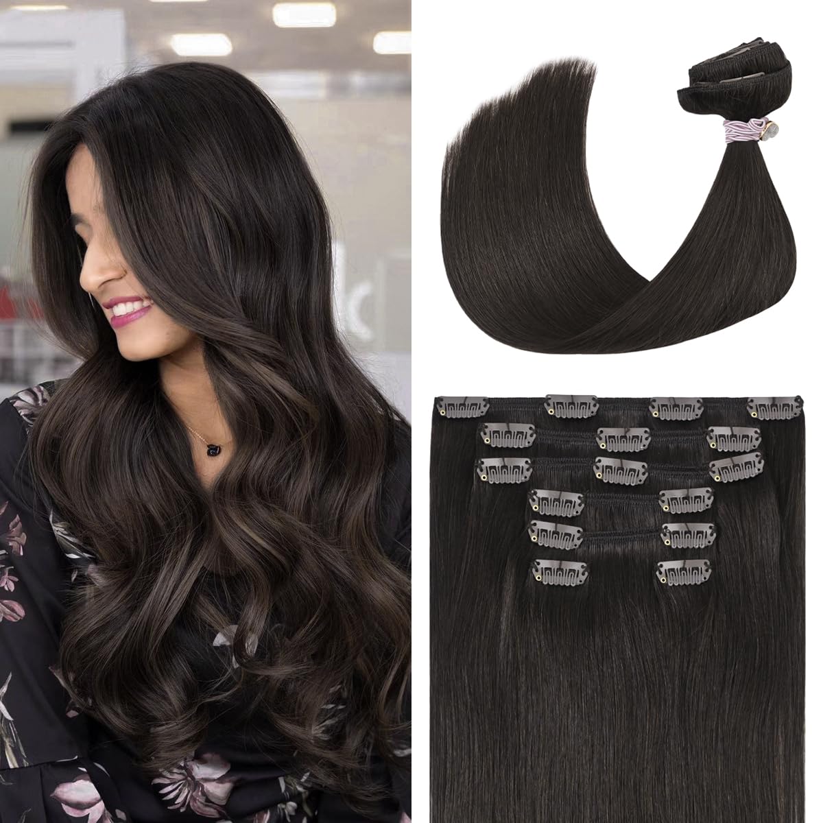 Ugotrays Dark Brown Clip In Hair Extensions Real Human Hair 70G 12 Inches 100% Remy Human Hair Clip In Extensions Straight Doubl