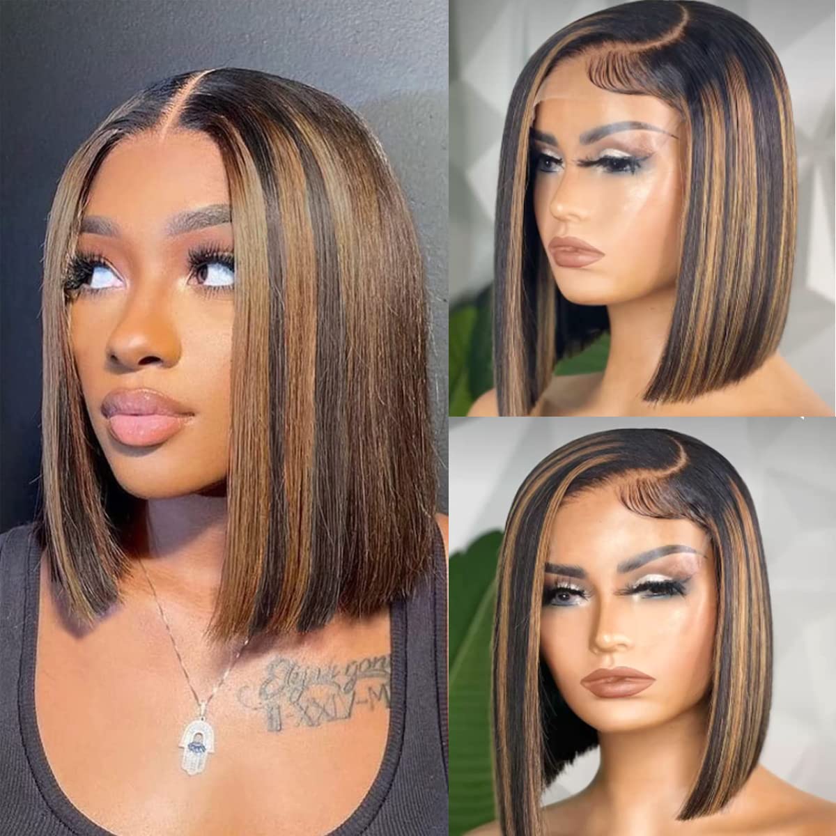 Ombre Highlight Lace Front Bob Wig Human Hair Straight 4X4 Lace Closure Balayage Fb30 Blonde Colored Human Hair Wigs For Women L