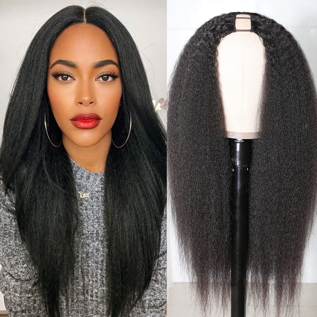 Nadula Kinky Straight U Part Wigs Human Hair For Women,Brazilian Glueless Upart Yaki Straight No Sew In No Glue Beginner Friendl