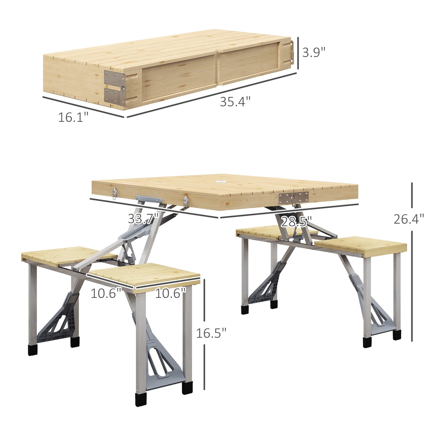 Outsunny Portable Folding Picnic Table with Built-in Umbrella Hole and Aluminum Frame, Includes 2 Foldable Wood Chairs for Patio, Yard & Beach