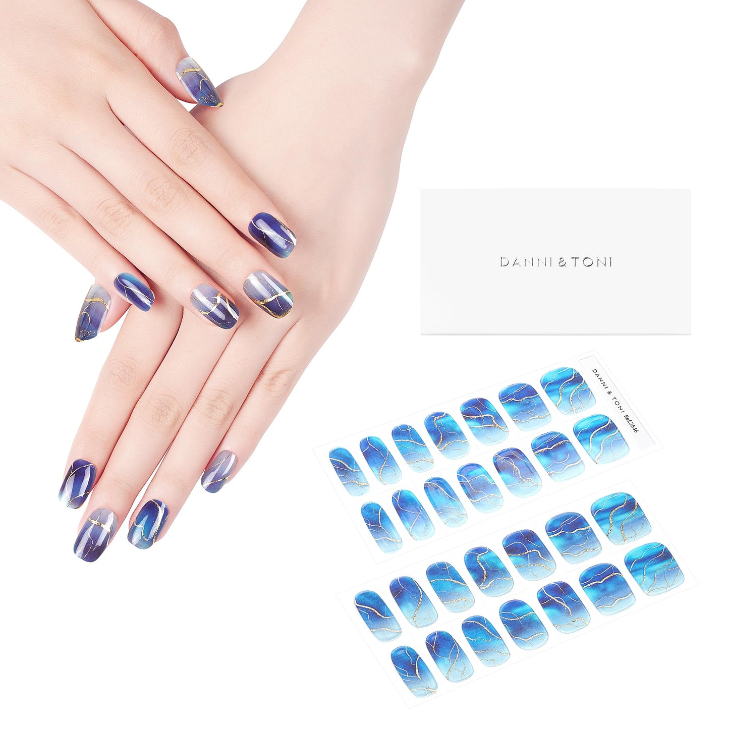 Danni & Toni Semi Cured Gel Nail Strips Blue Tie Dye (Sea Fairy) Ocean Gel Nail Stickers Gold Line Gel Nail Wraps 28 Stickers