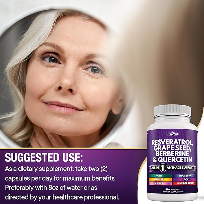 NEW AGE Resveratrol, Berberine, Grape Seed Extract, Quercetin - Polyphenol Supplement for Women and Men with Noni Extract, N-Acetyl Cysteine, Acai Extract - 60 Capsules