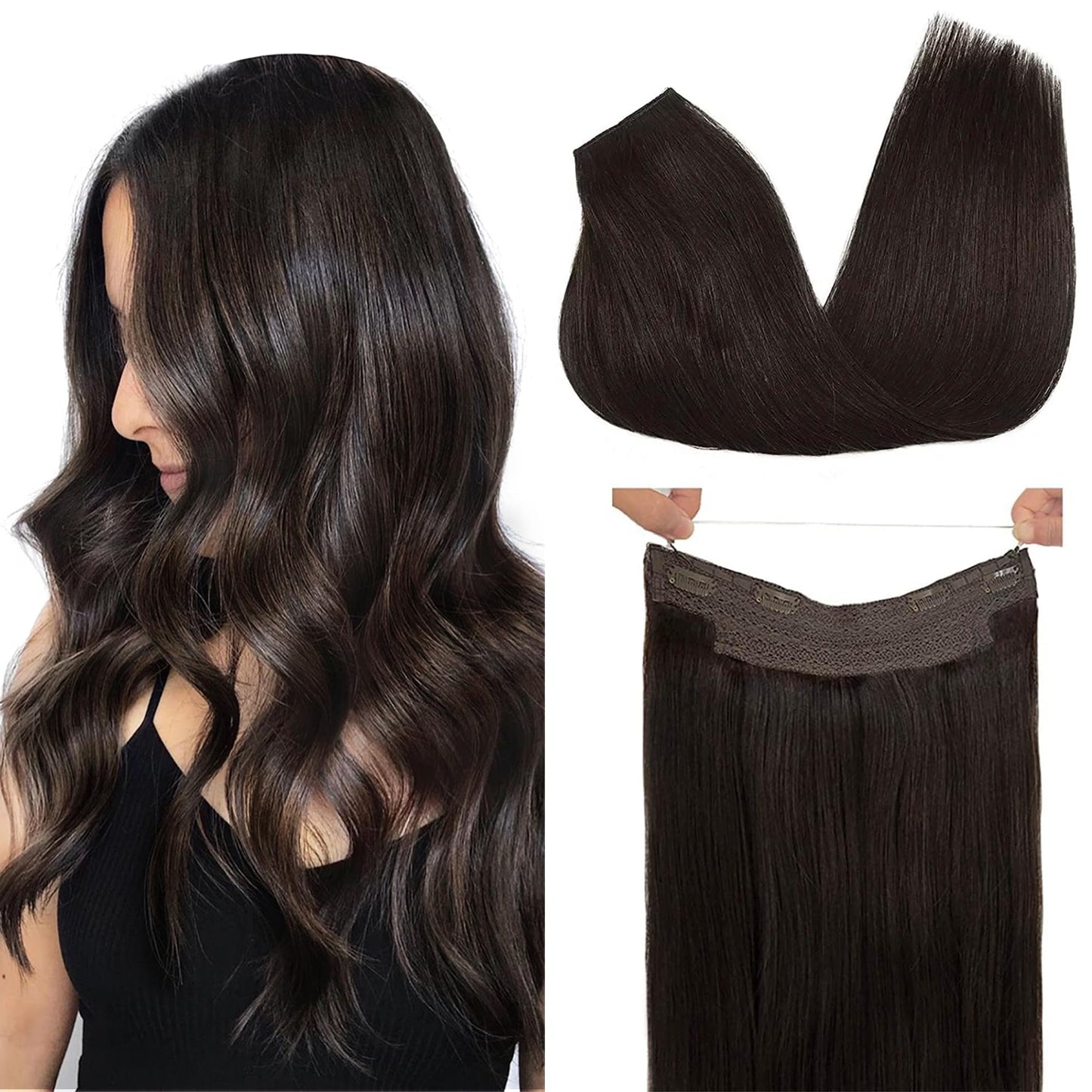Goo Goo Wire Hair Extensions Human Hair, 2 Dark Brown Natural 14Inch 75G, Invisible Wire Hair Extensions With Transparent, Seaml