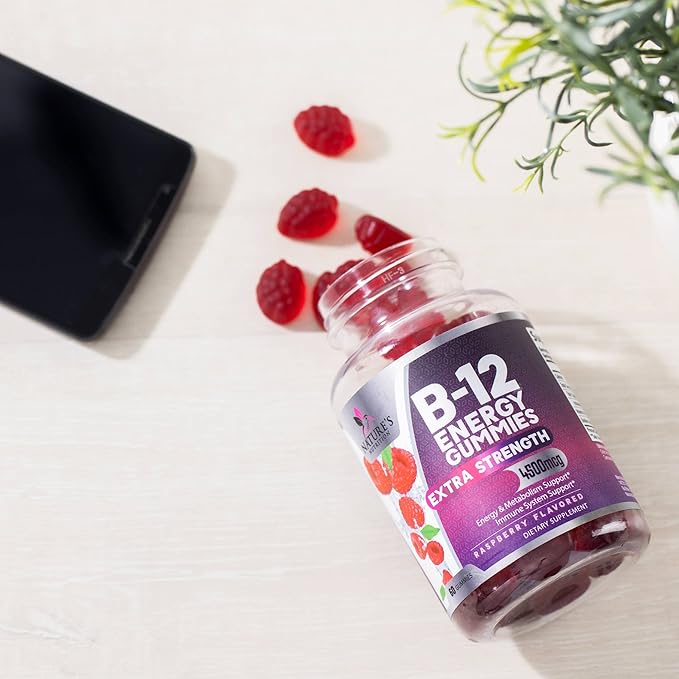B-12 Vitamin Energy Gummies - 4500mcg Extra Strength B12 Gummy Chewables for Energy Metabolism & Immune Support - Dietary Supplement for Women, Men, & Kids - Non-GMO, Vegan, Berry Flavor - 60 Count