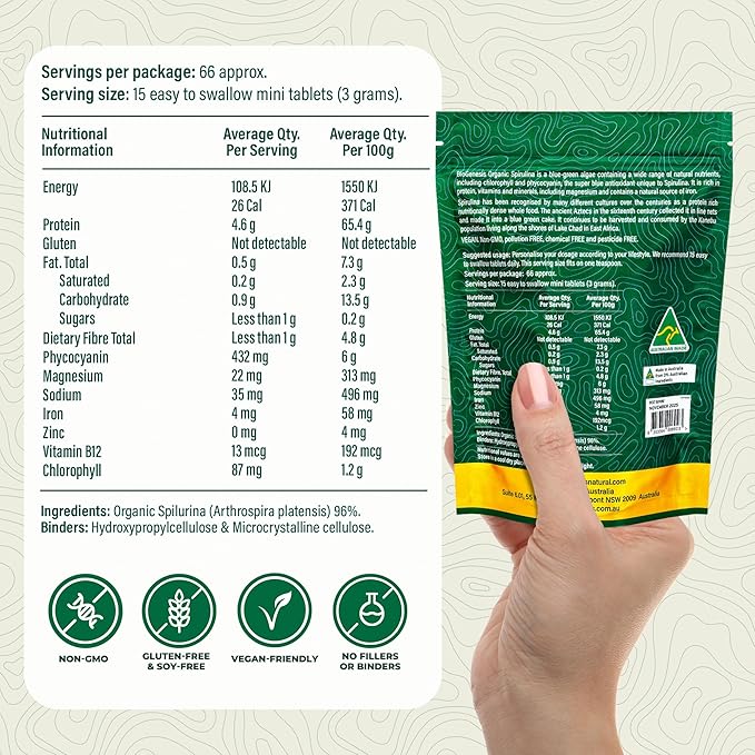 Organic Spirulina | BioDynamic Cracked Cell Wall, Chlorophyll-Rich, Vitamins, Minerals | Vegan Tablets (200 mg) ((1000)