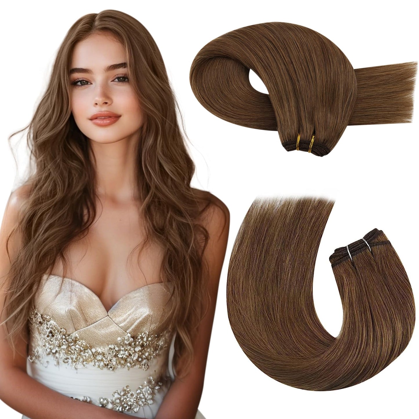 Moresoo Weft Hair Extensions Human 18 Inch Sew In Color #8 Light Brown Thick 100G Per Pack Double Full Head Remy In, 3.5274 Ounc