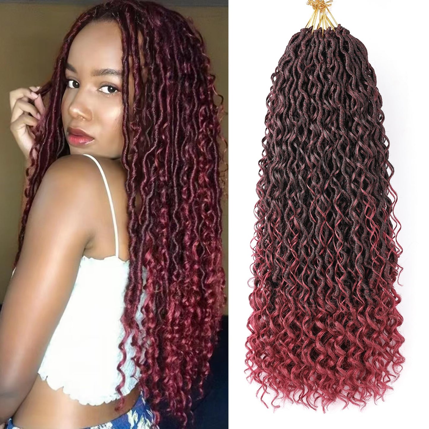 Ombre Burgundy Red Boho Goddess Locs Crochet Hair 22 Inch, 8 Packs New Faux Locs Crochet Hair With Curly Ends,Pre Looped Hippie