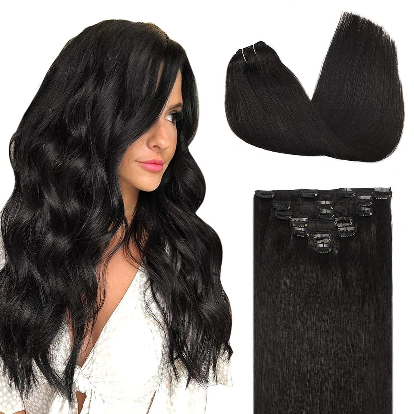 Doores Clip In Human Hair Extensions Natural Black 120G 20 Inch 7Pcs Straight Remy Hair Extensions Clip In Real Hair Extensions